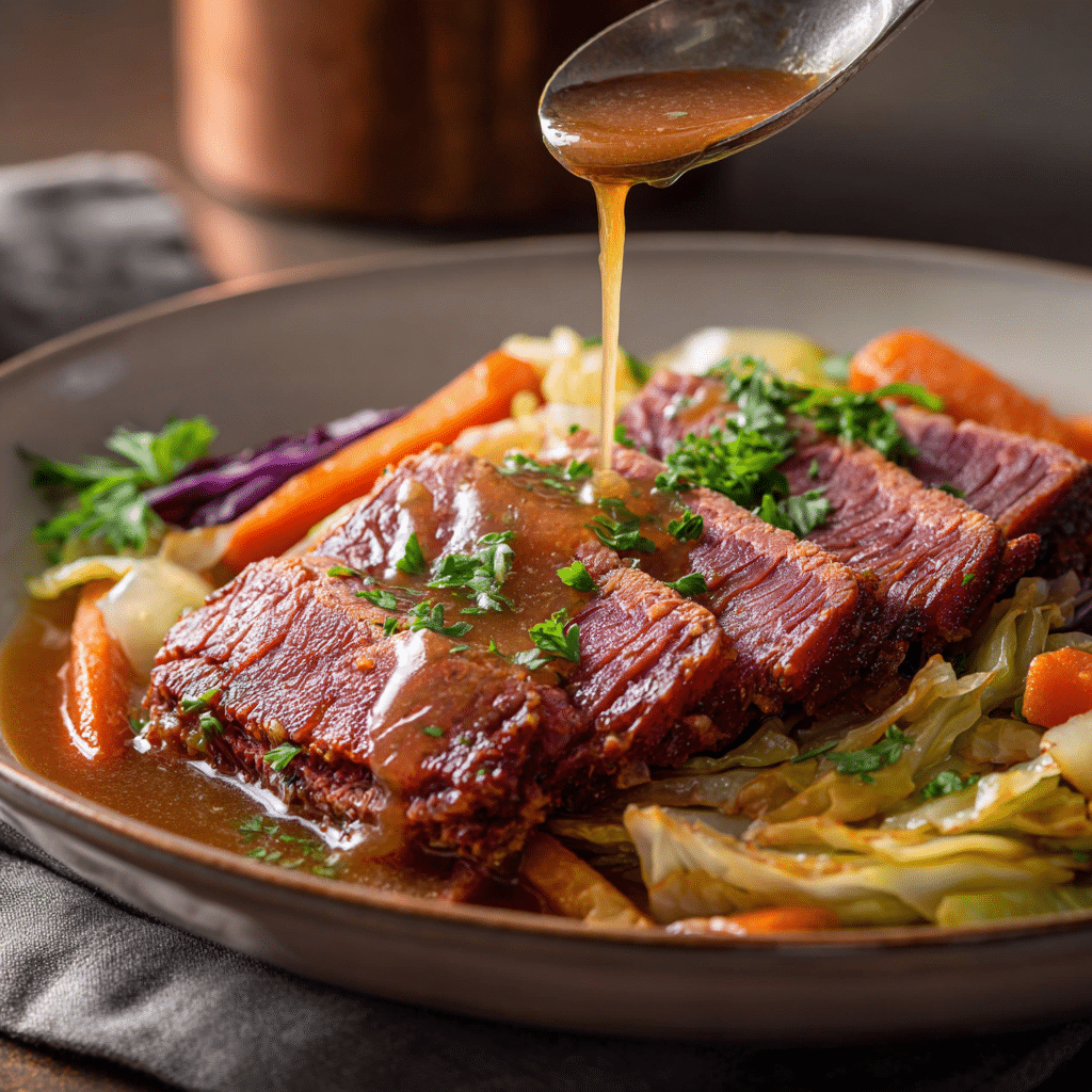 Instant Pot Corned Beef: Juicy, Flavorful, and Ready in 90 Minutes 8 Sliced Instant Pot corned beef served with cabbage, carrots, and gravy being spooned on top